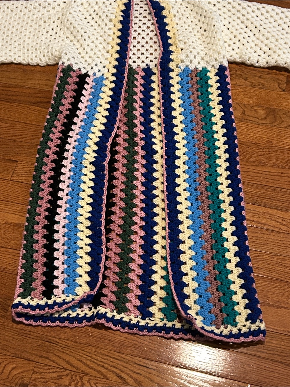 Handmade Crochet Long Cardigan White with Multicolor Stripes Perfect for summer - Picture 2 of 4